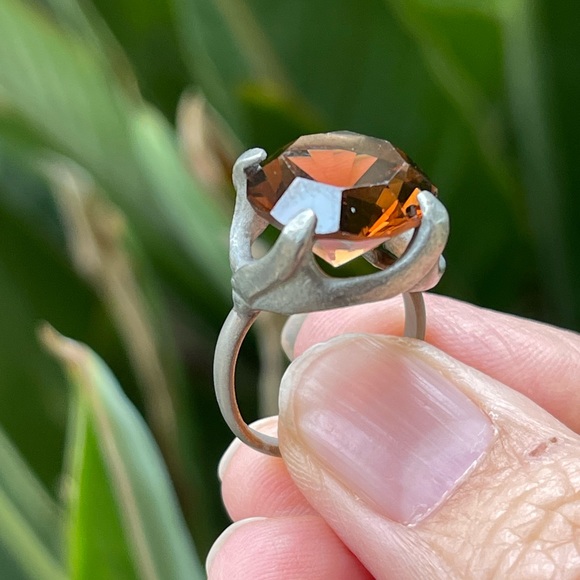 Vintage burnt orange crystal pewter ring - Picture 2 of 10